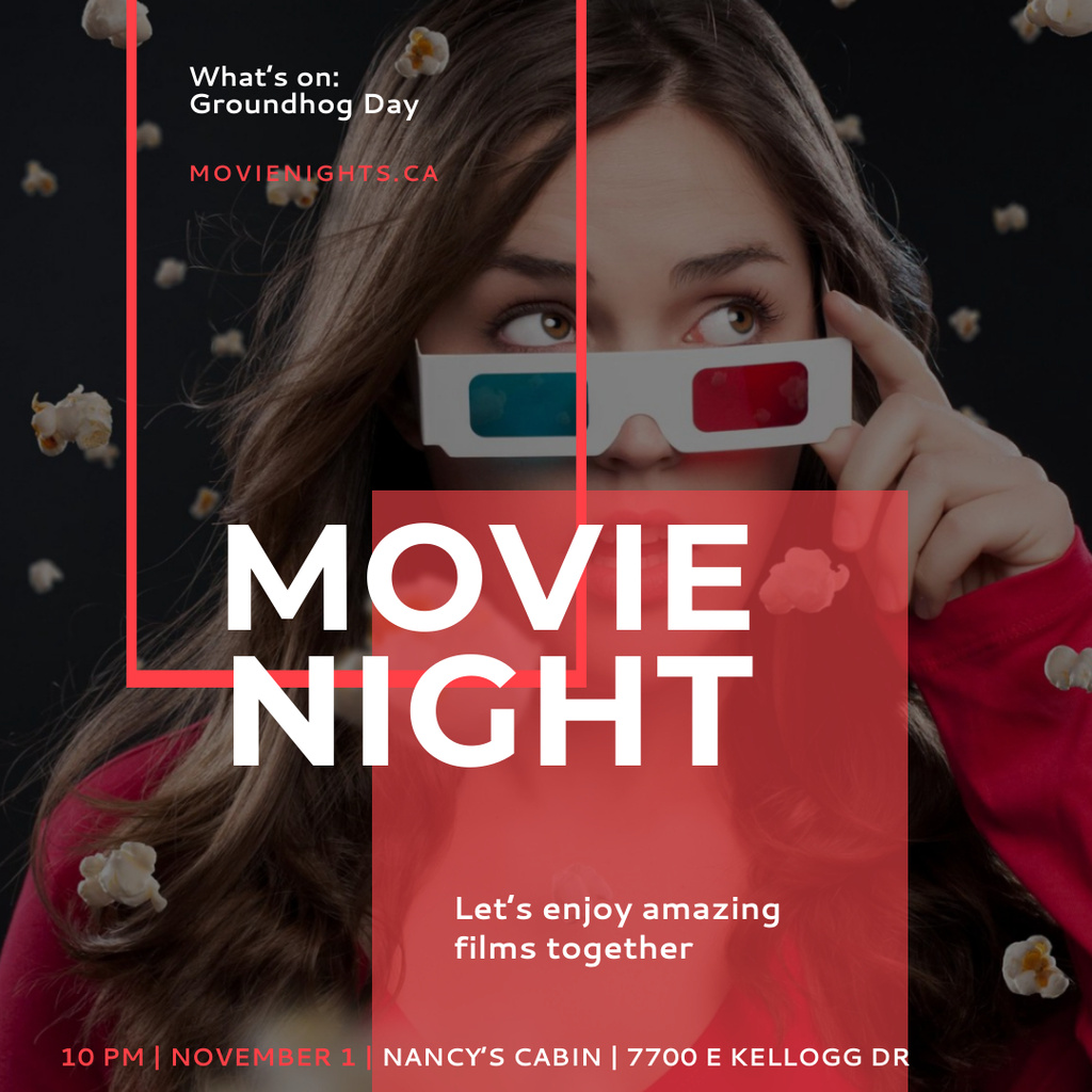 Movie Night Ad with Girl in Cinema Instagramデザインテンプレート