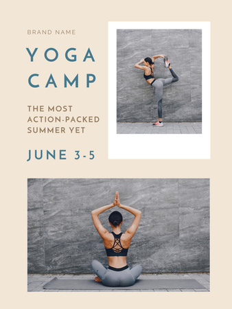 Designvorlage Yoga-Camp-Anzeige mit einer Frau in verschiedenen Asanas für Poster US