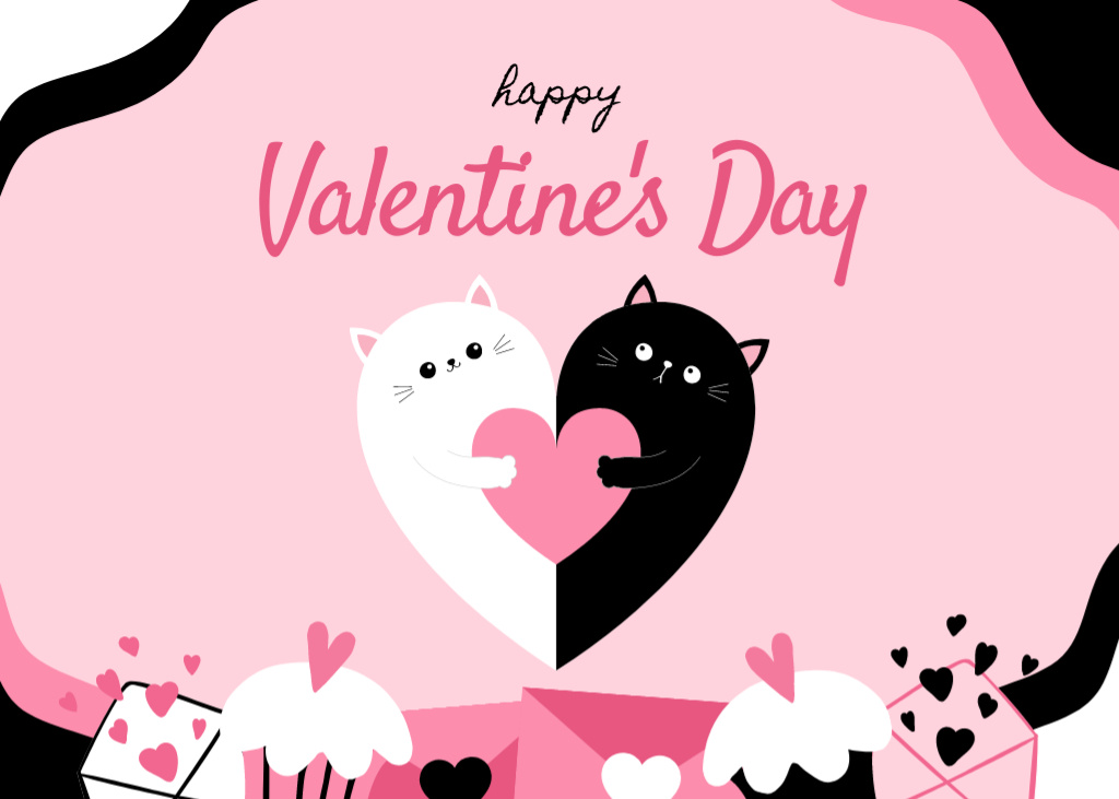 Happy Valentine's Day Cheers With Adorable Cats Postcard 5x7in – шаблон для дизайна