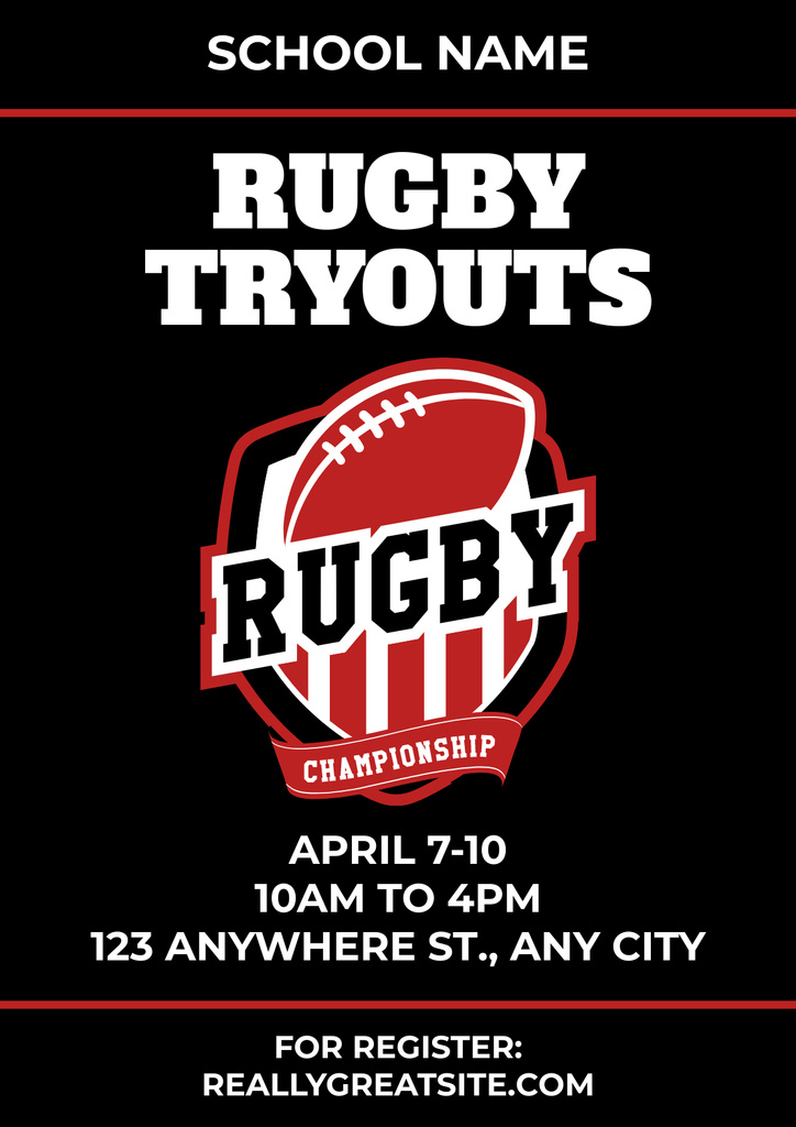 Rugby Tryouts Advertisement on Black Background Poster Modelo de Design