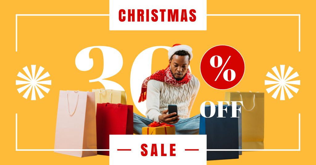 African American Man on Christmas Shopping Facebook AD Modelo de Design