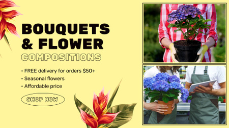 Designvorlage Blumenkompositionen und Pflanzen im Topf mit kostenloser Lieferung für Full HD video