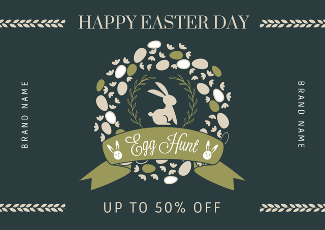 Happy Easter Bunny with Floral Wreath Frame and Holiday Eggs Card Design Template