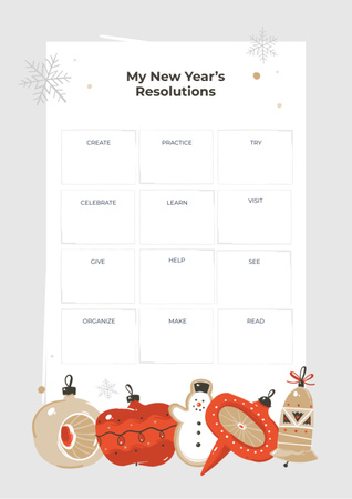 Ontwerpsjabloon van Schedule Planner van Goede voornemens voor het nieuwe jaar met feestelijke kerstballen en sneeuwvlokken