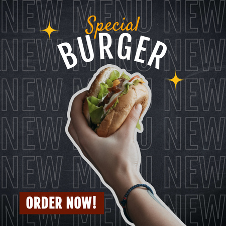 Man Holding Juicy Burger in Hand Instagram Design Template