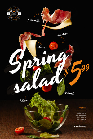 Designvorlage Frühlingsmenü-Angebot mit Salat, der in Schüssel fällt für Pinterest