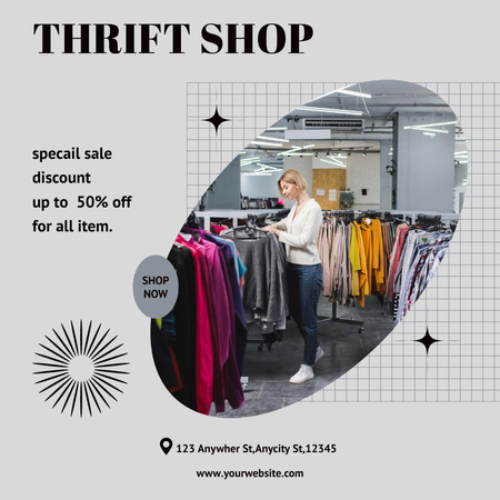 Woman choosing clothes in thrift shop Instagram AD Πρότυπο σχεδίασης