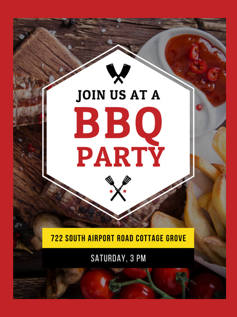 Barbecue Party Invitation with Delicious Meat and Vegetables Poster US Tasarım Şablonu