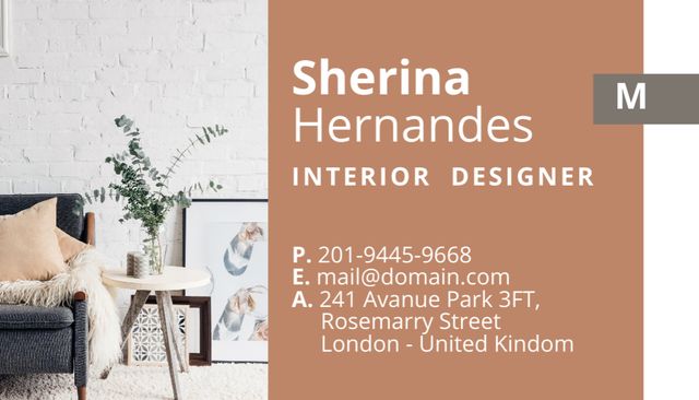 Interior Designer Services Ad with Cozy Apartment Business Card US Modelo de Design