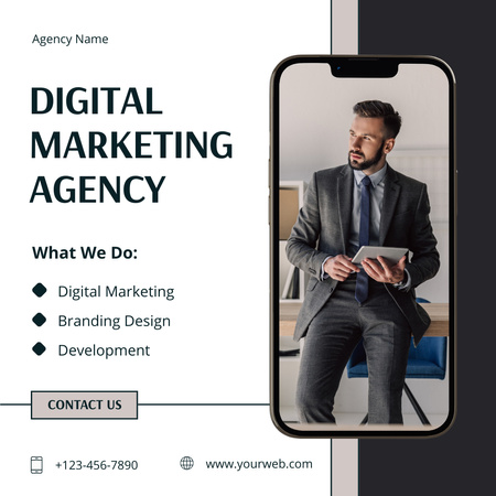 Digitális marketing ügynökségi szolgáltatások öltönyös üzletemberrel Instagram tervezősablon