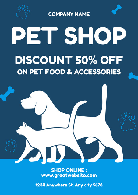Pet Shop's Discount Ad on Blue Poster Modelo de Design