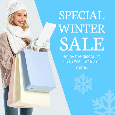 Smiling Woman with Shopping Bags on Winter Sale Instagram Design Template