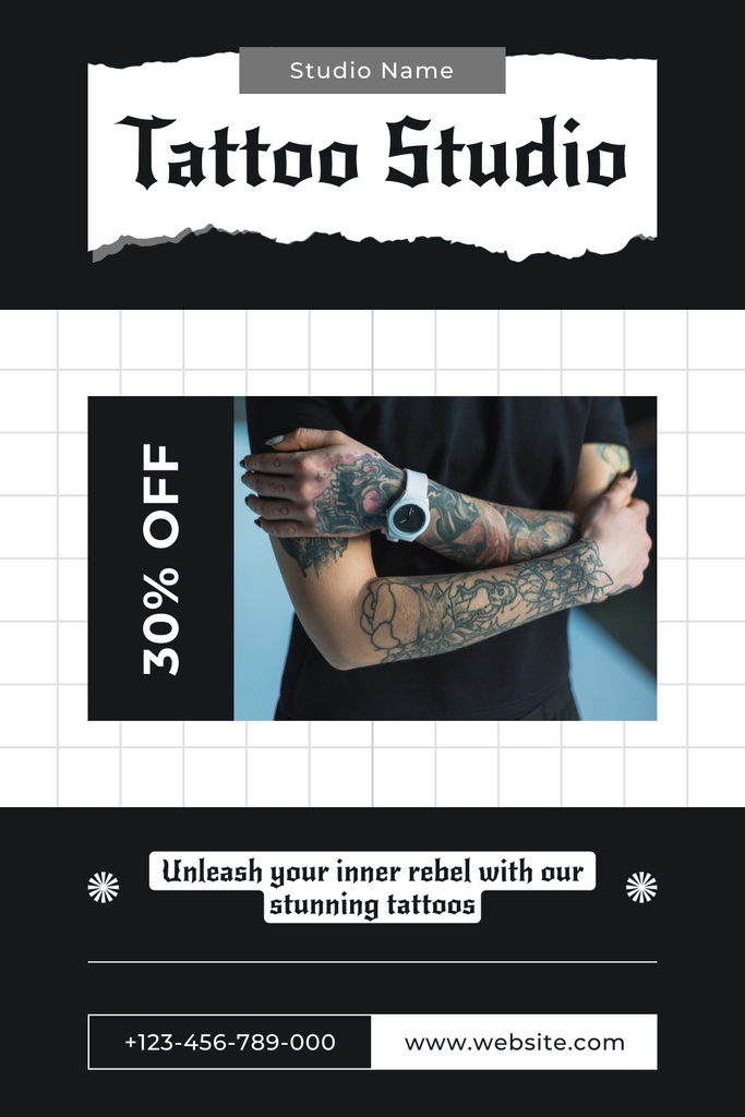 Designvorlage Creative Tattoo Studio Service Offer With Discount für Pinterest