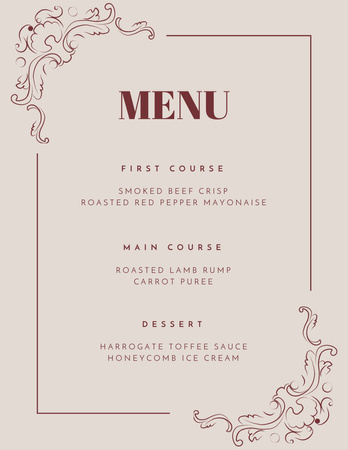 Список блюд на бежевую свадьбу с классическим декором Menu 8.5x11in – шаблон для дизайна