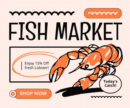 ザリガニのイラストが描かれた魚市場の広告 Facebookデザインテンプレート