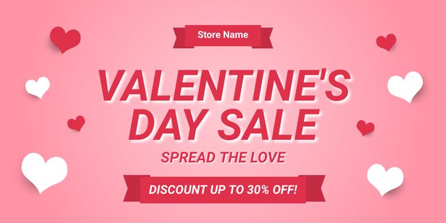 Valentine's Day Sale on Pink with Red and White Hearts Twitter Design Template