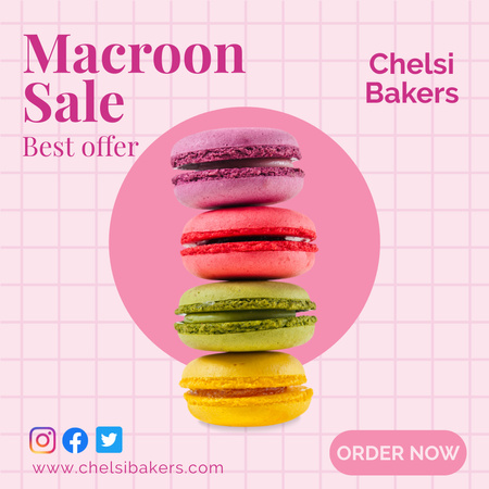 Delicious Macroon Sale Offer with Multicolored Cakes Instagram Design Template