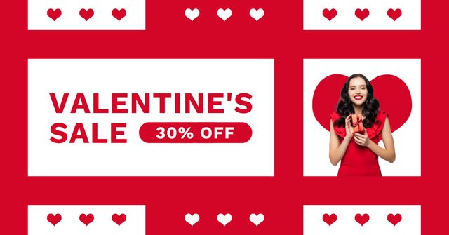 Valentine's Day Sale with Brunette in Red Facebook AD Modelo de Design