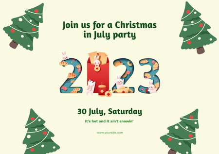 Template di design July Christmas Party Announcement with Decorated Christmas Trees Flyer A5 Horizontal