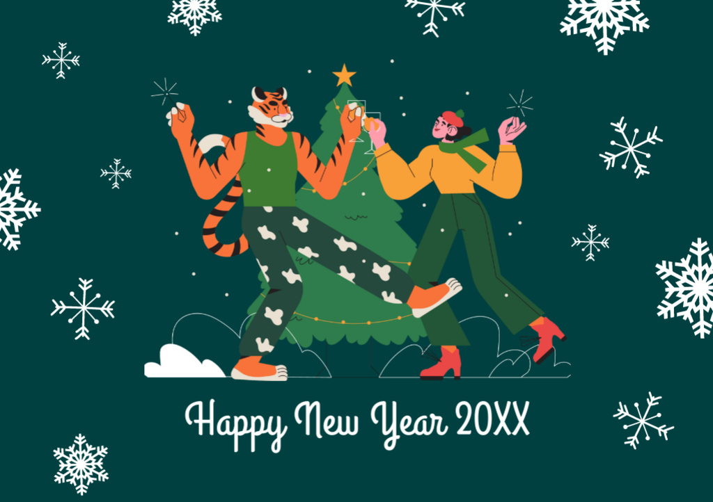 New Year Holiday Greeting With Dancing Tiger Postcard A5 Tasarım Şablonu
