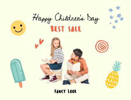 Ontwerpsjabloon van Postcard 4.2x5.5in van Children's Day with Cheerful Children Reading Books