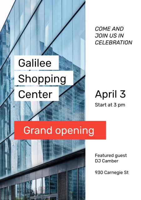 Grand Opening Shopping Center with Glass Building Flyer A4 Modelo de Design