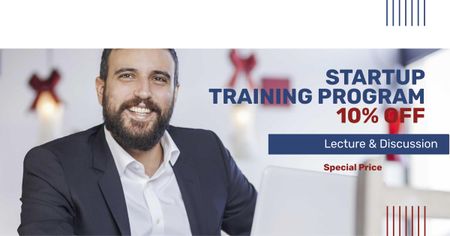 Startup Training Program Offer with Smiling Businessman Facebook AD Tasarım Şablonu