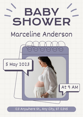 Ontwerpsjabloon van Poster van Babyshowerfeestje met zwangere vrouw in het wit