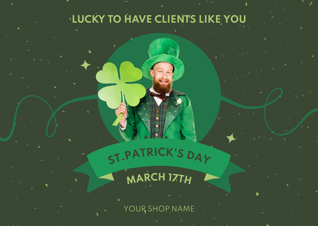 Happy St. Patrick's Day Greeting with Red Bearded Man in Green Cardデザインテンプレート