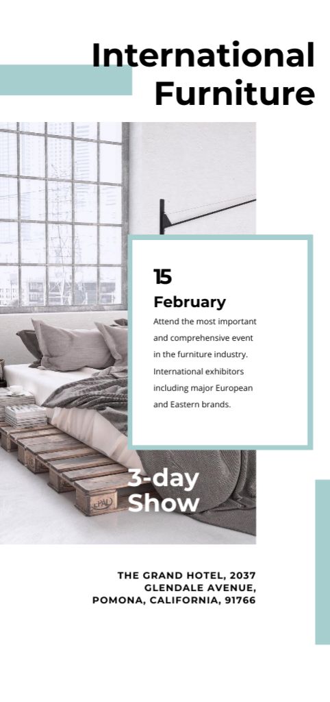 Furniture Show Announcement with Bedroom in Grey Color Flyer DIN Large Šablona návrhu