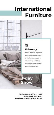 Furniture Show Announcement with Bedroom in Grey Color Flyer DIN Large Modelo de Design