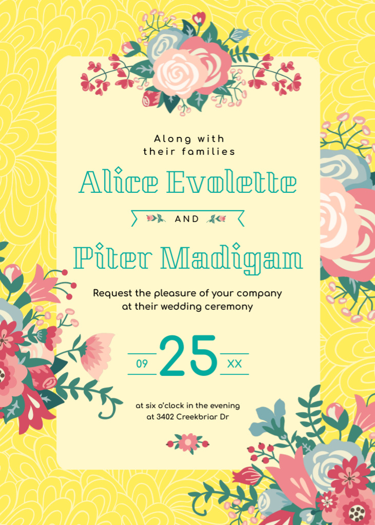 Platilla de diseño Wedding Announcement with Flowers Frame in Yellow Invitation