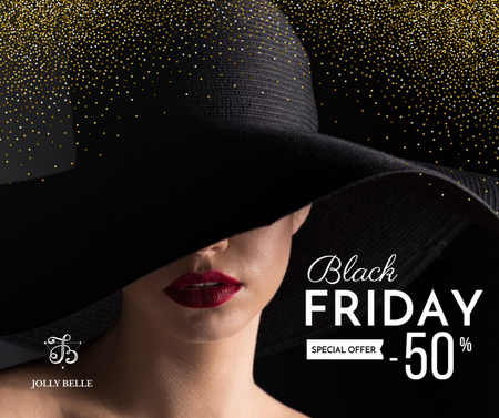 Plantilla de diseño de viernes negro venta con mujer en sombrero Facebook 