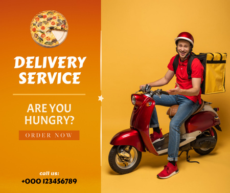 Delivery Service Promotion with Courier Riding Motorcycle Facebook Design Template