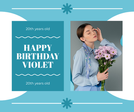 Birthday Woman with Bouquet of Flowers on Blue Facebook Design Template