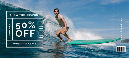 Designvorlage Angebot für Surfkurse mit Mann auf dem Surfbrett und Rabatt für Coupon 3.75x8.25in