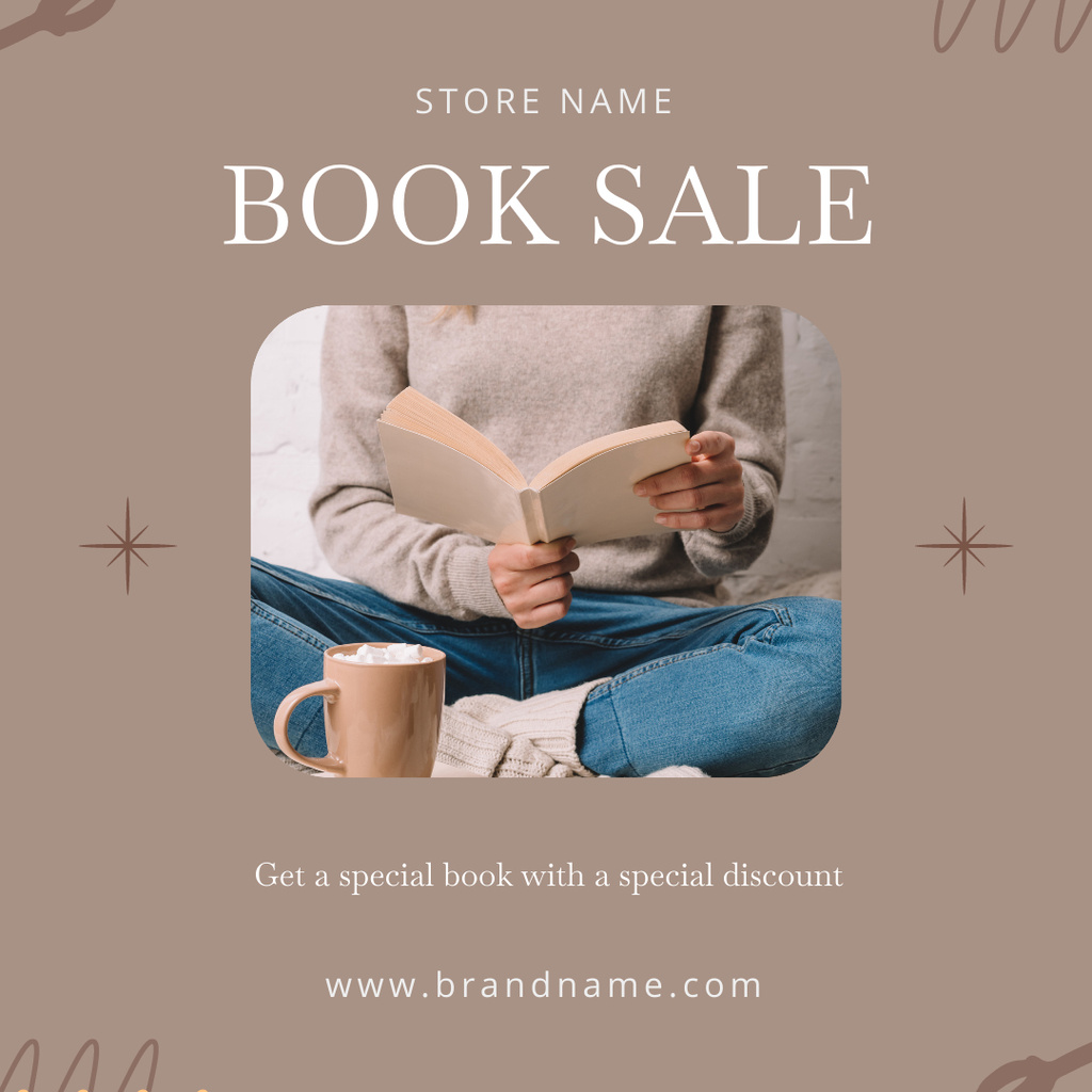 Platilla de diseño Woman Reading with Cup of Tea for Book Sale Announcement  Instagram