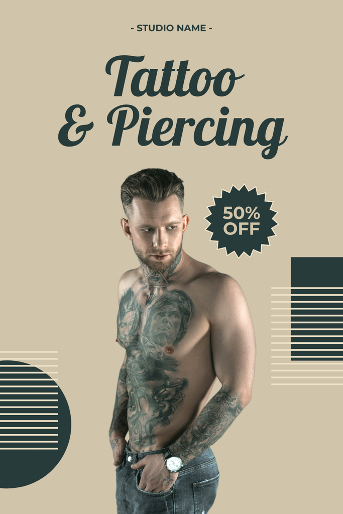 Designvorlage Art Tattoos And Piercing With Discount Offer In Studio für Pinterest