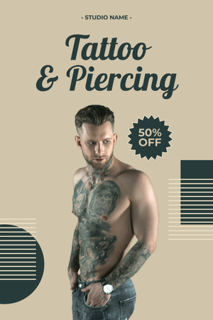 Ontwerpsjabloon van Pinterest van Kunsttatoeages en piercings met kortingsaanbieding in de studio