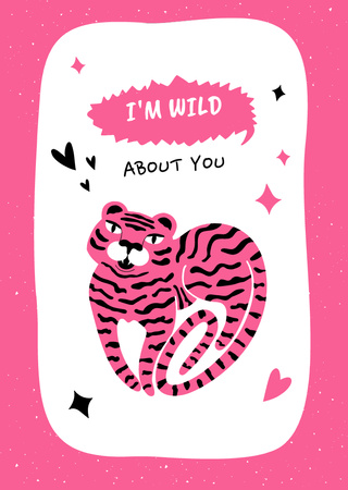 Love Phrase With Cute Pink Tiger Postcard A6 Vertical Design Template