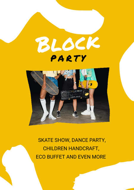 Block Party Announcement with Girls with Skateboard and Boombox Flyer A7 Design Template