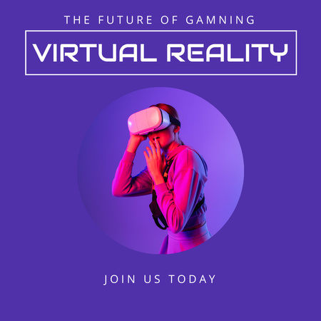 VR Gözlüklü Kadının Olduğu Sanal Gerçeklik Oyun Reklamı Instagram Tasarım Şablonu