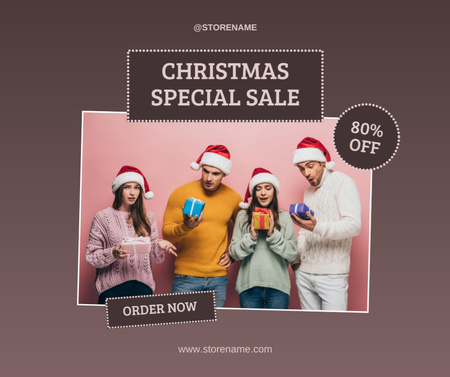 Surprised Young People in Santa Hats Holding Christmas Presents Facebook Design Template