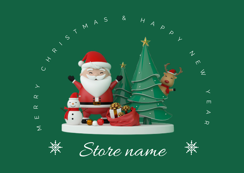 Captivating Christmas and New Year Cheers with Joyful Santa and Reindeer Postcard – шаблон для дизайна