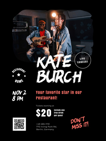 Live Concert in Restaurant Announcement Poster 36x48in Design Template