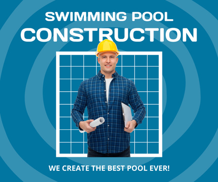 Pool Building Services Offer with Smiling Builder Facebook Design Template