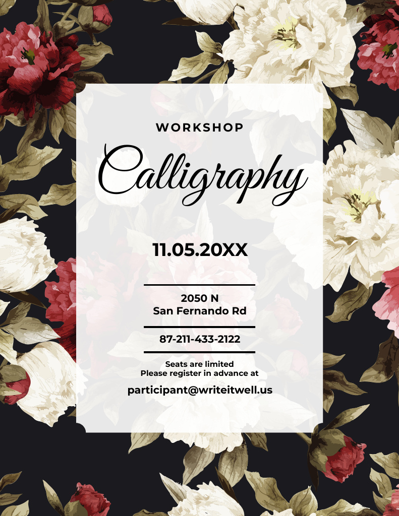 Mastering Calligraphy Class Announcement in Flowers Frame Flyer 8.5x11in tervezősablon
