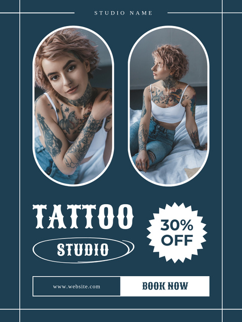 Stylish Tattoo Studio Service With Booking And Discount Poster US Tasarım Şablonu