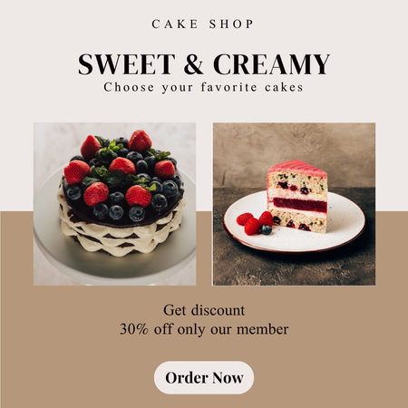 Bakery Ad with Sweet And Creamy Cake With Discounts Instagram Design Template