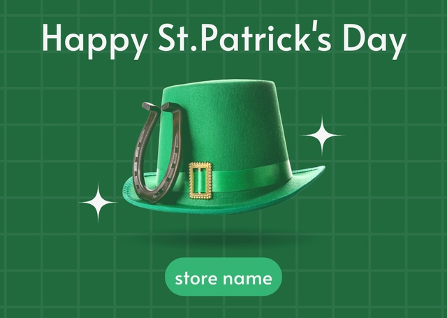 Patrick's Day with Horseshoe and Hat in Green Card Design Template